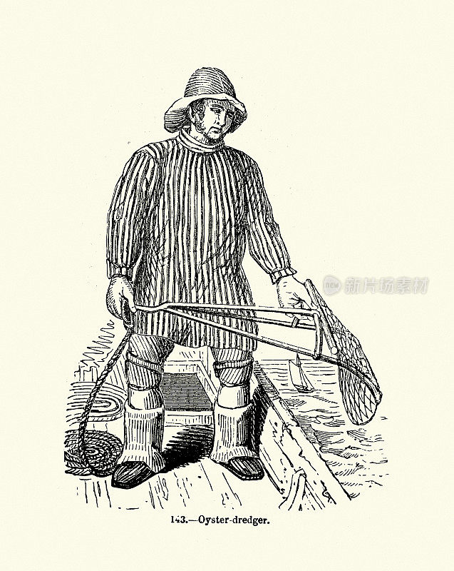 渔民挖泥采牡蛎的古插图，渔业历史，19世纪50年代至19世纪