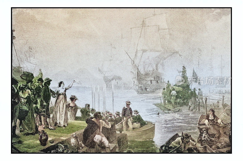 古色古香的绘画照片:停靠在码头的船