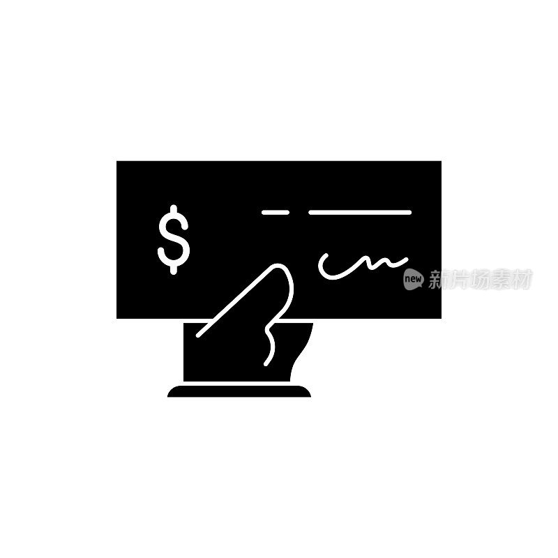 银行支票坚实的图标设计在一个白色的背景。这个黑色的平面图标适用于信息图表、网页、移动应用程序、UI、UX和GUI设计。