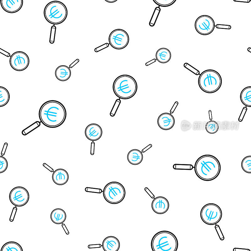 带有欧元标志的放大镜。无缝模式。白色背景上的线条图标