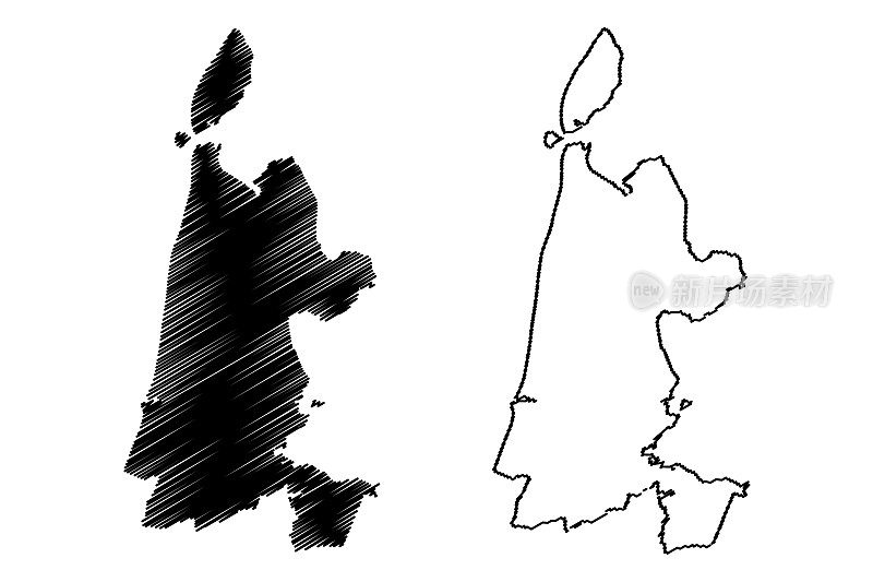 北荷兰省(荷兰王国)地图矢量插图，草稿草图北荷兰地图