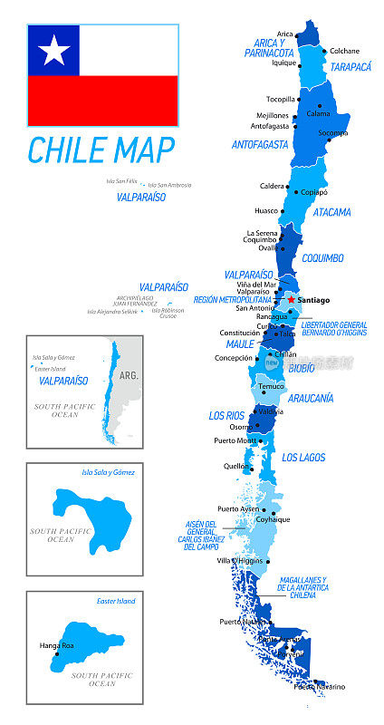 智利国旗地图。蓝色的矢量图