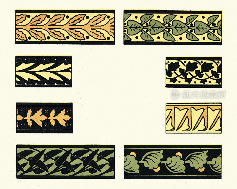 维多利亚花卉设计元素,重复叶图案,19世纪