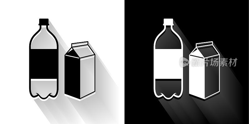 塑料瓶和纸板容器黑色和白色图标与长影子