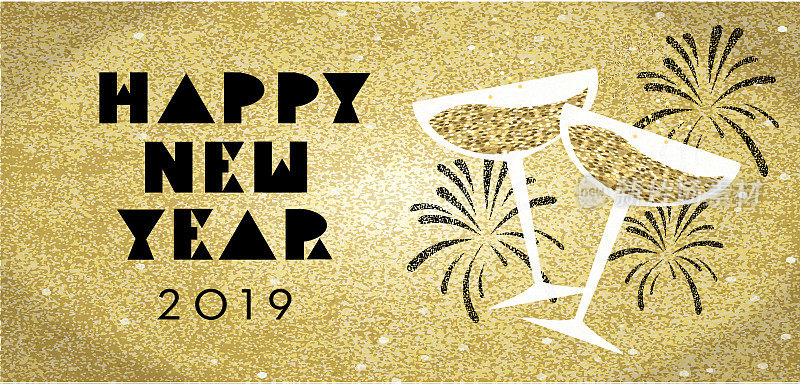 2019年新年贺卡设计横幅与香槟眼镜