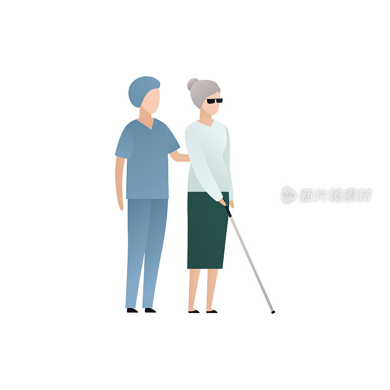 矢量盲人物平面插图。身穿制服的医务工作者与戴眼镜的老妇人一起行走，手杖孤立在白色的上。现代设计元素为医疗保健服务，无障碍