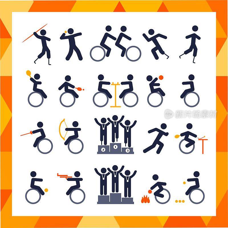 残疾人图标设置在颜色或残疾人在孤立的明亮背景。体育比赛。每股收益10向量。每股收益10向量。