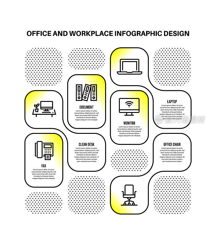 信息图表设计模板与办公室和工作场所的关键字和图标