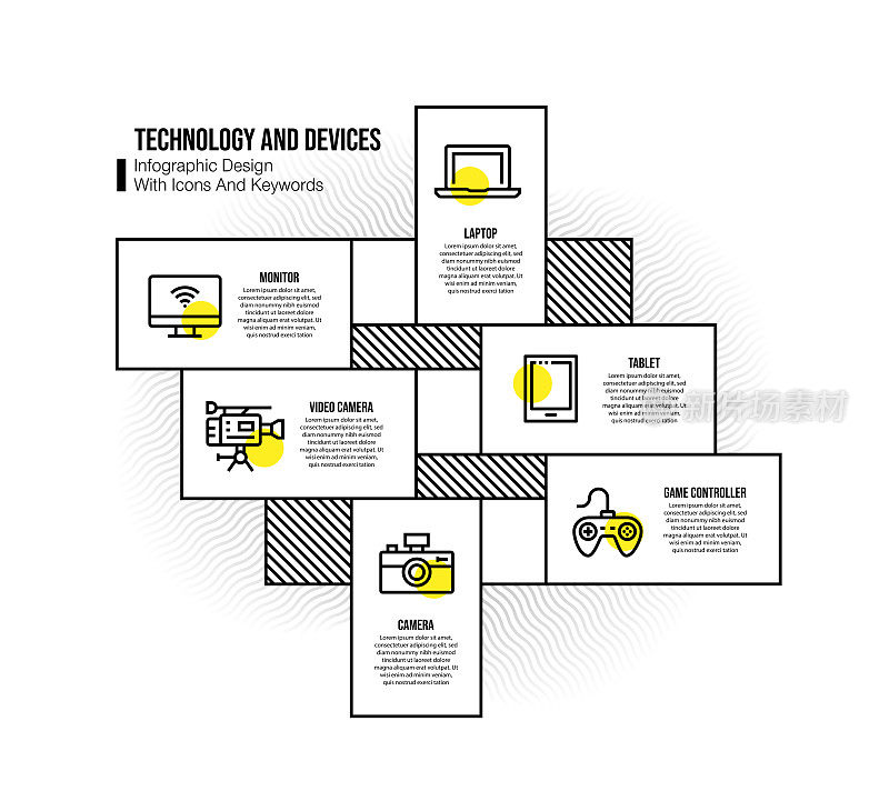 信息图表设计模板与技术和设备的关键字和图标