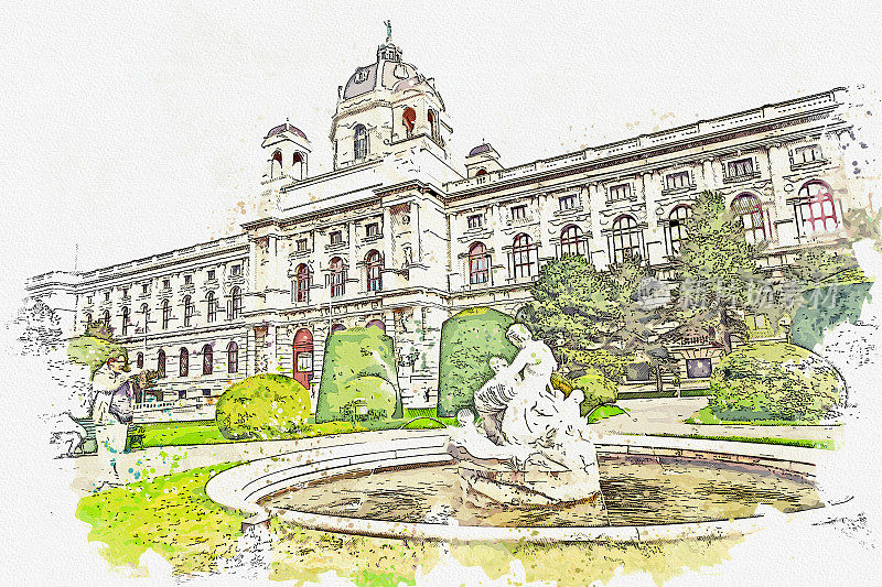 历史美术馆水彩画奥地利维也纳著名地标。