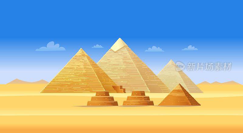 位于吉萨的埃及金字塔建筑群。非洲著名地标，开罗旅游中心。插图卡通风格。