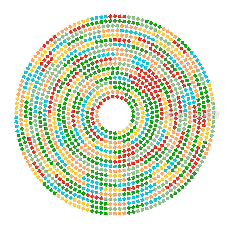 沿圆切线均匀间隔的彩色正方形点。五种颜色的调色板。不均匀的旋转。