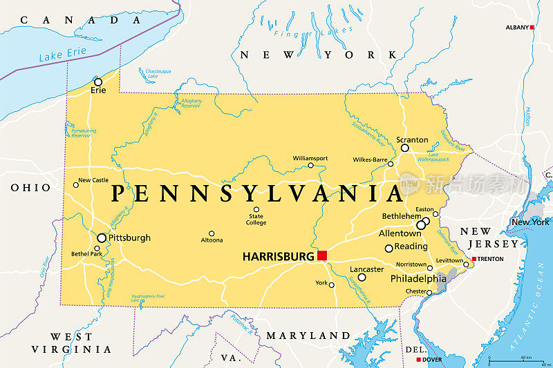 宾夕法尼亚州，宾夕法尼亚州，政治地图，Keystone州，贵格会州。