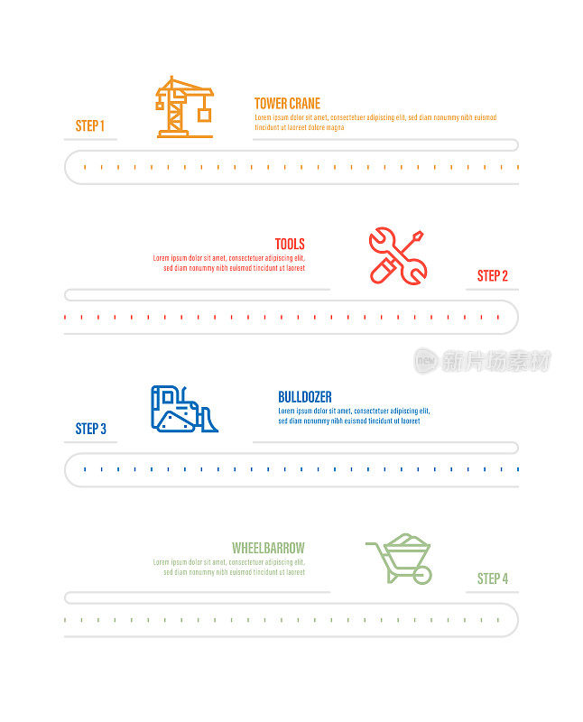 信息图表设计模板。塔吊，工具，推土机，手推车图标有4个选项或步骤。