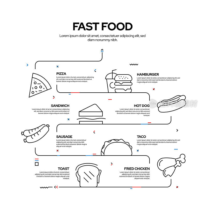 快餐和街头食品相关过程信息图设计，线性风格矢量插图