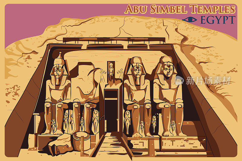 努比亚著名的阿布辛贝神庙的复古海报
