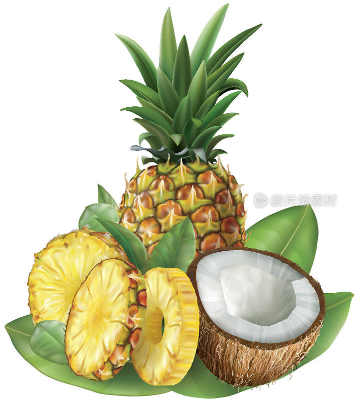 菠萝和切好的椰子