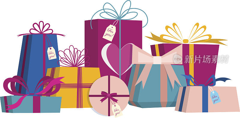 一套礼品盒。生日礼物，情人节礼物，母亲节礼物。孤立的矢量插图上的白色背景。