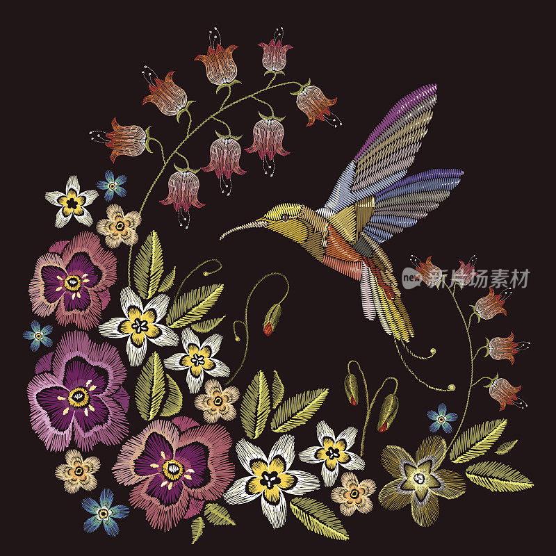 蜂鸟和美丽的花朵刺绣在黑色的背景。优雅的花朵和热带蜂鸟的载体。装饰花卉刺绣。用于缝纫、服装、纺织品的模板
