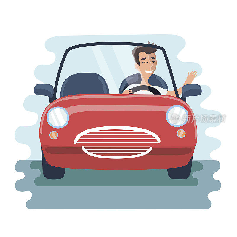 卡通可爱的年轻人开着红色的汽车在路上行驶。前视图
