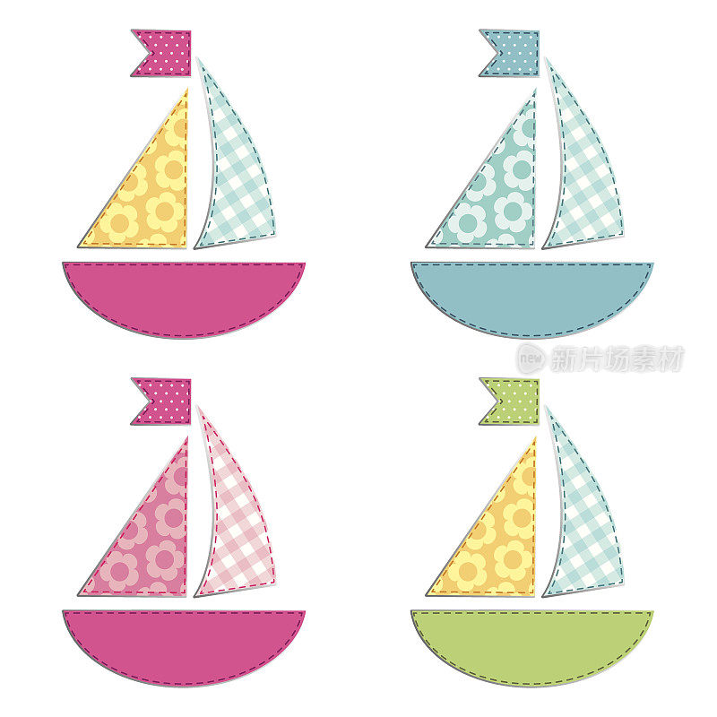 四艘船作为复古的织物贴花作为婴儿淋浴元素
