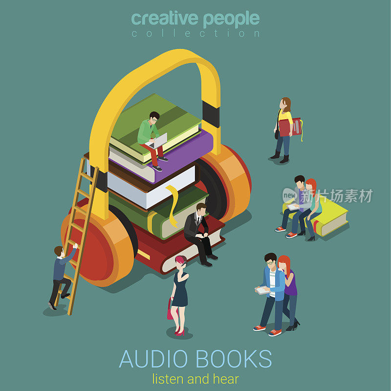 有声图书平面三维等距电子图书馆概念。微人在一堆书上听着巨大的耳机。有创造力的人集合。