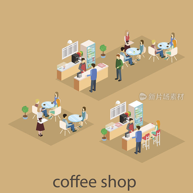 咖啡店内部的等距空间。平面三维等距设计室内咖啡厅或餐厅。人们坐在桌子旁吃饭。