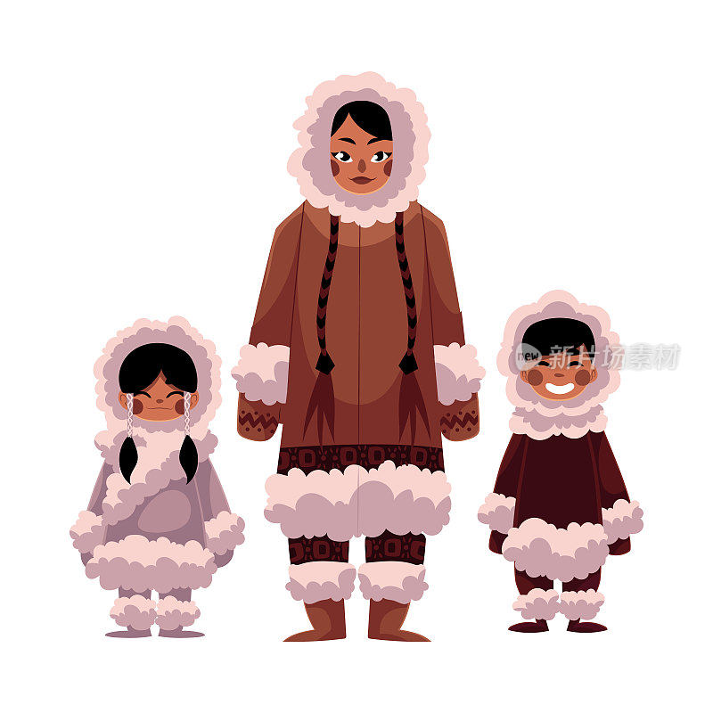 爱斯基摩人，因纽特妇女带着两个孩子穿着暖和的冬衣