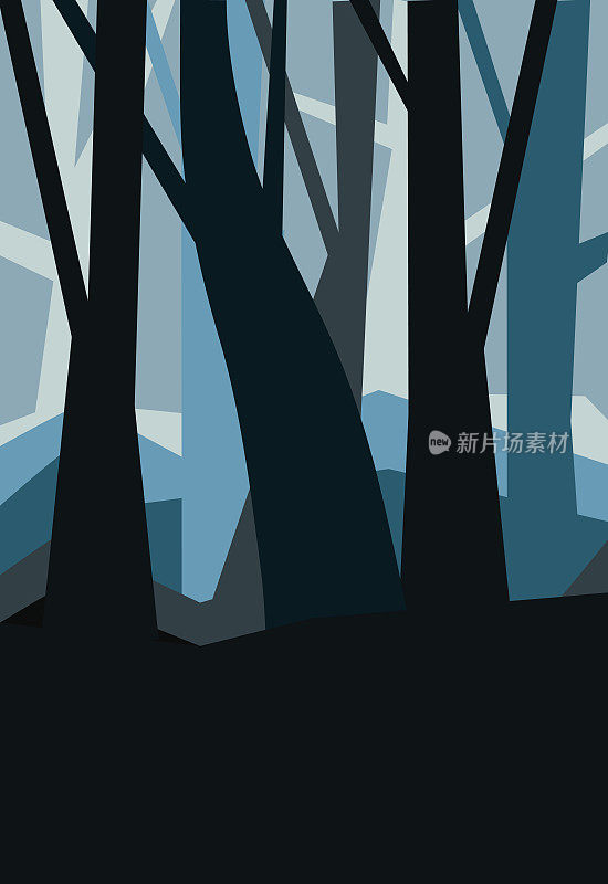 黄昏无叶的森林。朦胧的风景。雾中夜森林的垂直矢量图。