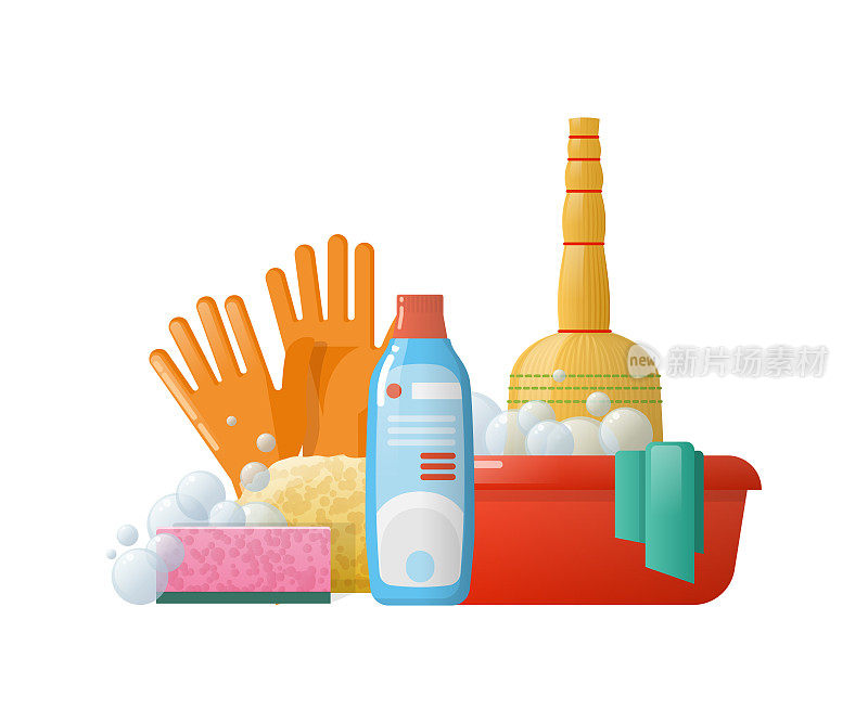 设置清洁配件:桶，工具，刷子，盆，手套，海绵