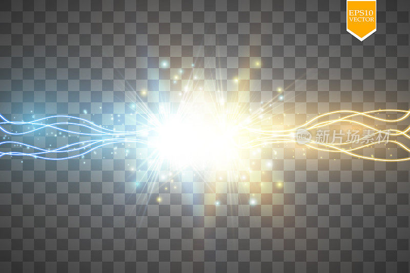 两种力量的碰撞与金色和蓝色的光。矢量插图。热和冷闪闪发光的力量。带有放电的能量闪电