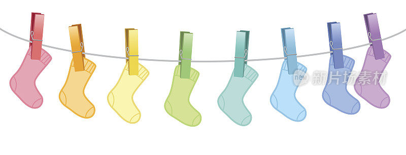 晾衣绳上的婴儿袜-彩虹色可爱的羊毛套装夹着八个彩色的衣夹。孤立的矢量漫画插图在白色的背景。