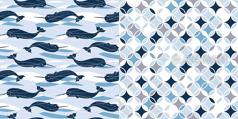 Pattern_set_Coordinated_Blue_Narwhal_Allover_Print_Geometric_Circles_Background