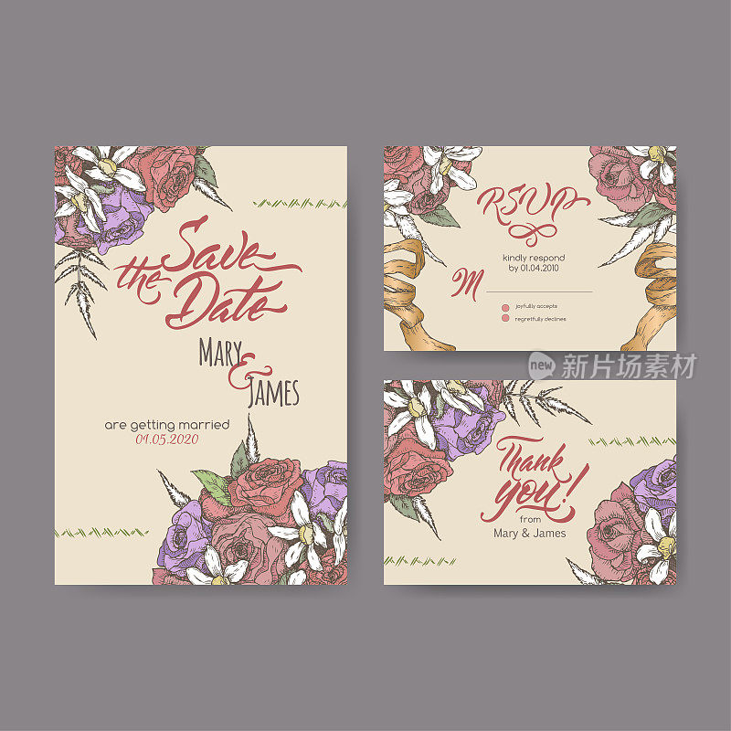三套原创的迷人的婚礼卡片基于花束颜色素描和毛笔书法。