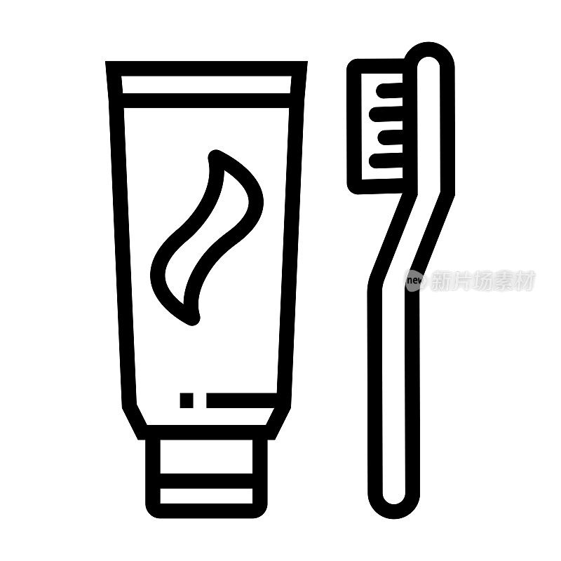 牙膏和牙刷线图标，轮廓符号矢量插图
