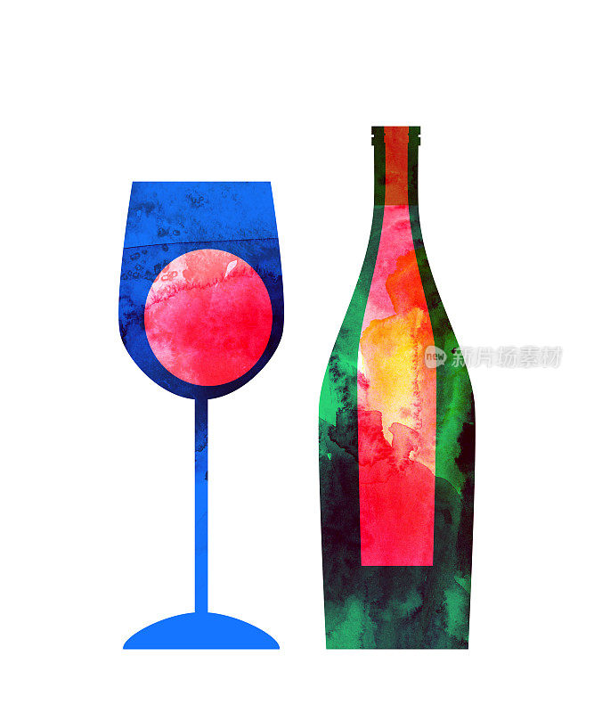 水彩抽象葡萄酒与红酒瓶和玻璃