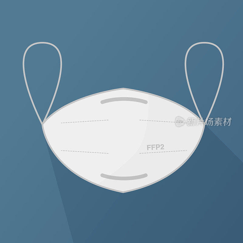 FFP2防疫医用口罩。冠状病毒大流行期间的新常态。平面卡通向量风格。蓝色背景与孤立的蒙版