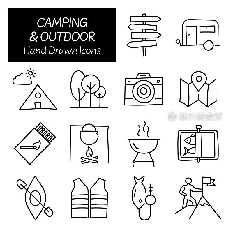 露营和户外相关手绘图标，涂鸦元素矢量插图