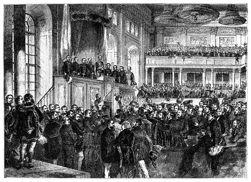 1848年匈牙利革命，第一届议会的开幕式(1848年7月5日)，这是基于人民代表制。第一个负责任的政府成员在阳台上。