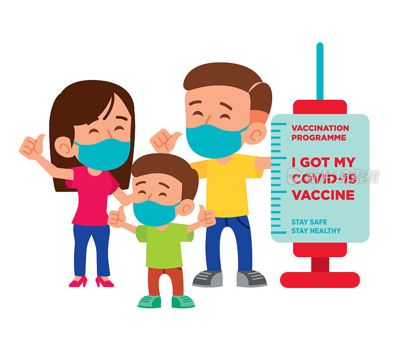 接种疫苗的家长和孩子在防疫活动中竖起大拇指