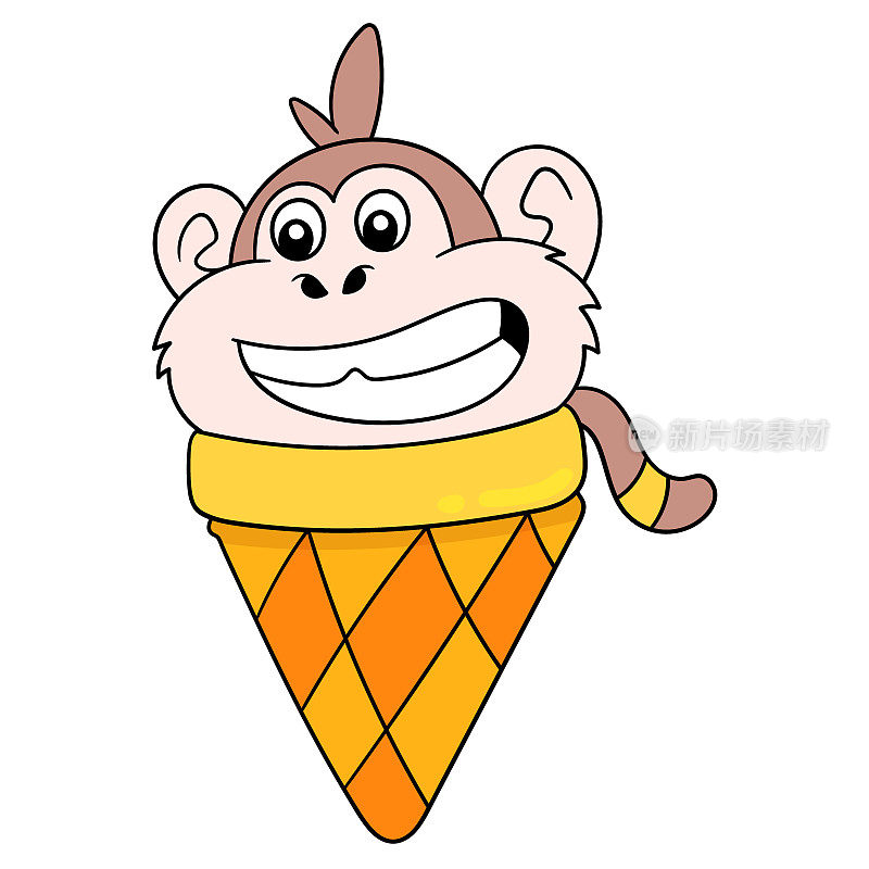 冰淇淋猴形笑嘻嘻，矢量插画艺术。涂鸦图标形象卡哇伊。