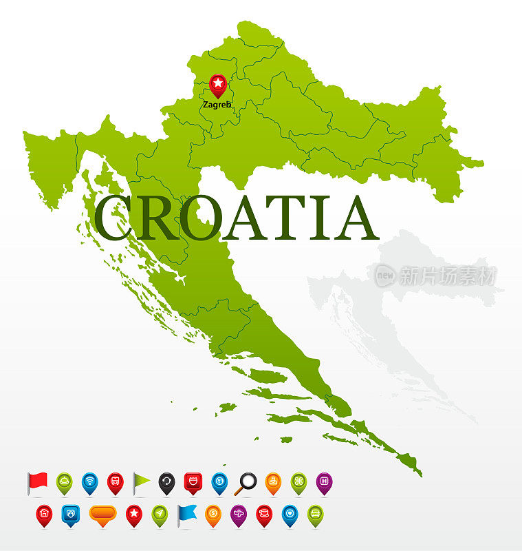 克罗地亚绿色地图与区域和导航图标
