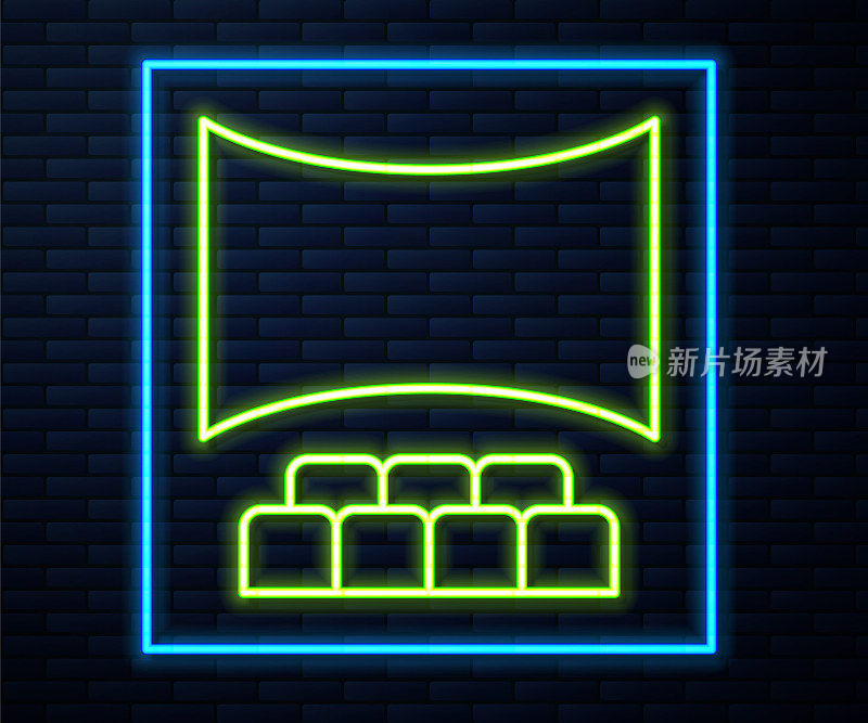 发光的霓虹灯线电影院礼堂屏幕图标孤立在砖墙背景。向量