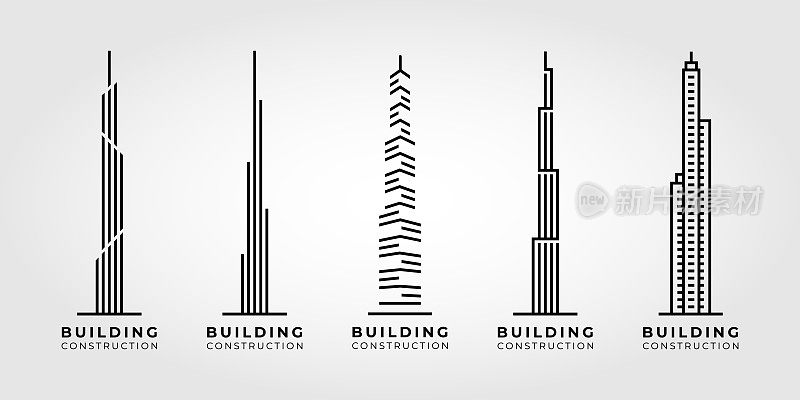 建筑线条艺术图标集向量。写字楼、公寓、住宅、商务区插画设计。