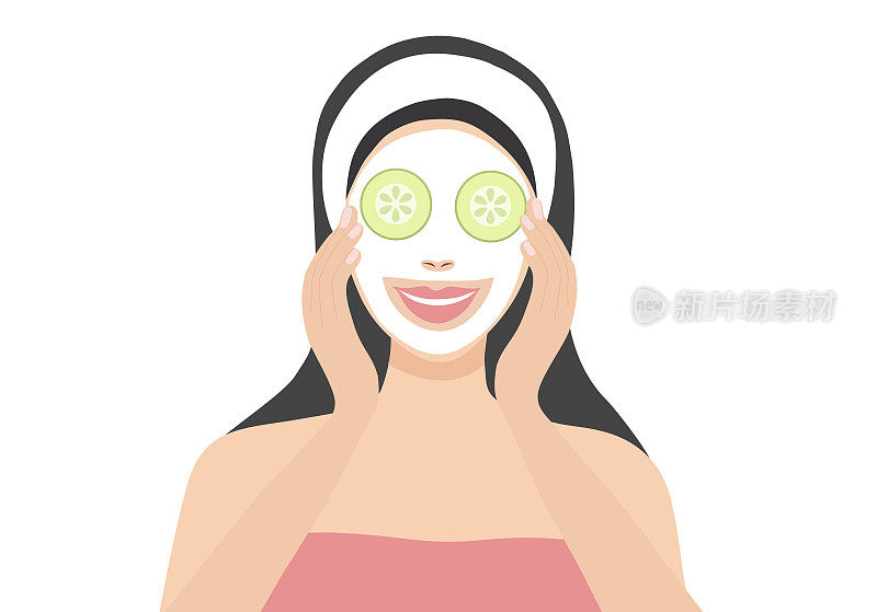 女人用面膜和黄瓜在她的眼睛矢量插图。美容常规和护肤治疗理念