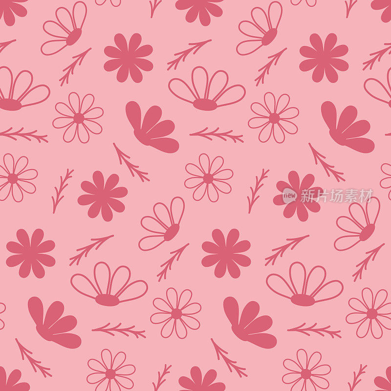 剪影意外的童稚花上粉红色无缝图案，墙纸包装纺织品设计