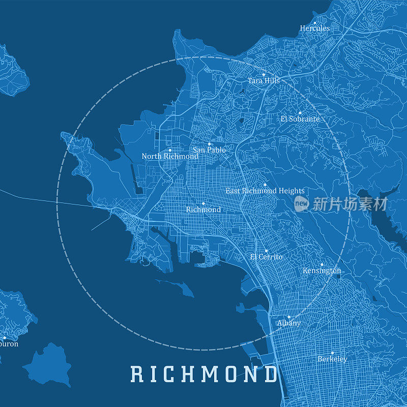 里士满CA城市矢量道路地图蓝色文本