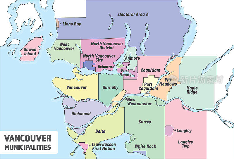 大温哥华城市地图。温哥华大都市的行政地图，所有城市和地区的规划和提供区域政府服务。简单的导游或政治信息。