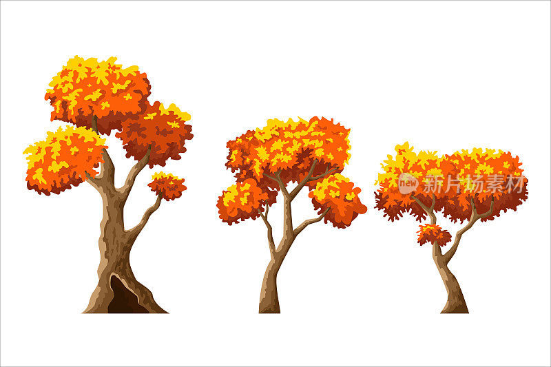 一套秋天的树黄色橙色的叶子在卡通风格。矢量平面插图的游戏，动画，书籍