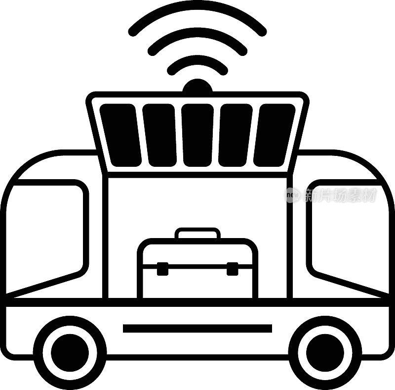 杂货配送货物概念，自动驾驶卡车矢量图标设计，未来交通符号，无人驾驶绿色交通创新标志，自动飞行器库存插图
